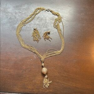 Vintage Signed Emmons Tassel Pendant Multi Chain 22.25” Necklace & Earring Set